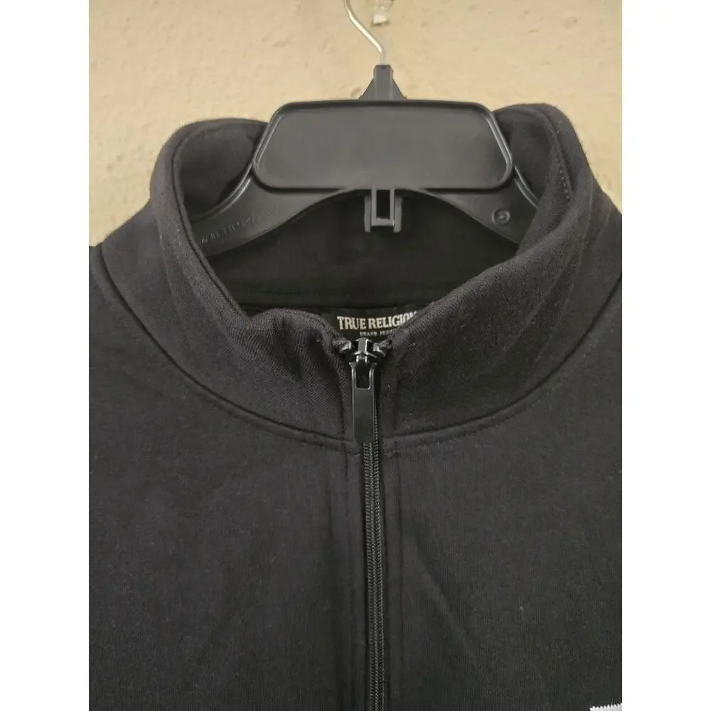 True Religion Sweater Mens Black Relaxed Mock 1/4 Zip Sweatshirt, Medium $129